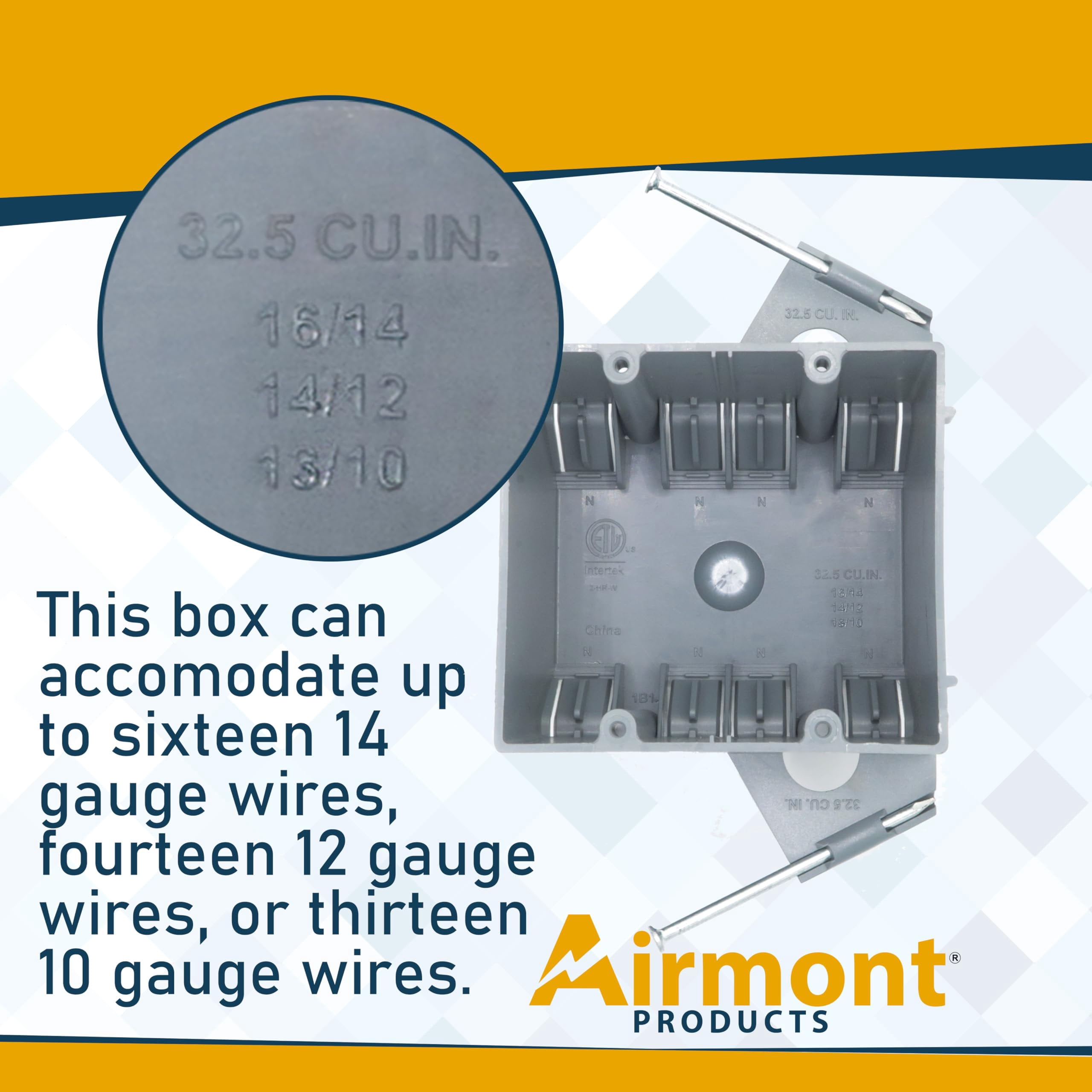 6 Pack 2-Gang PVC Electrical Box, Grey Outlet Box, Two Gang New Work Junction Box, Captive Nails, 32 cu. Inches, Length 3-3/4'', Width 2-1/4'', Depth 2-7/8'', 2 Hour Fire Rated Electrical Box
