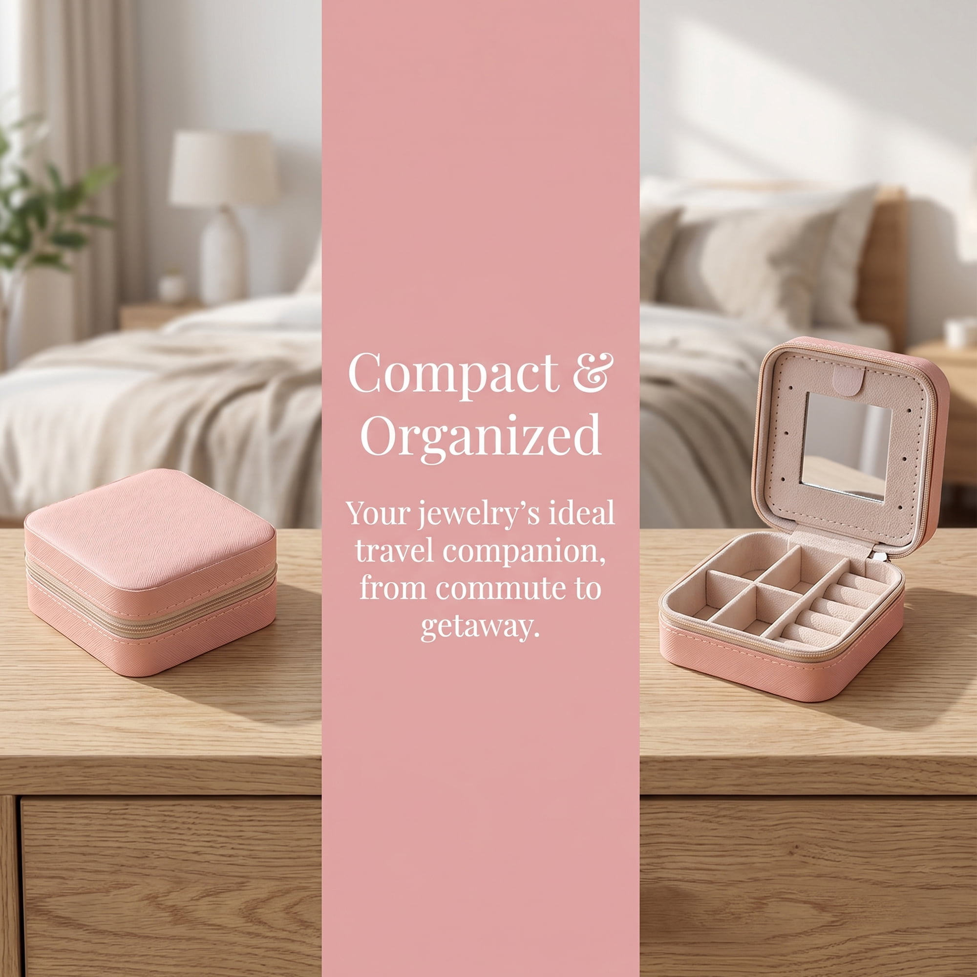 Travel Jewelry Box with Mirror Small Portable PU Leather Organizer Gifts Nude Pink