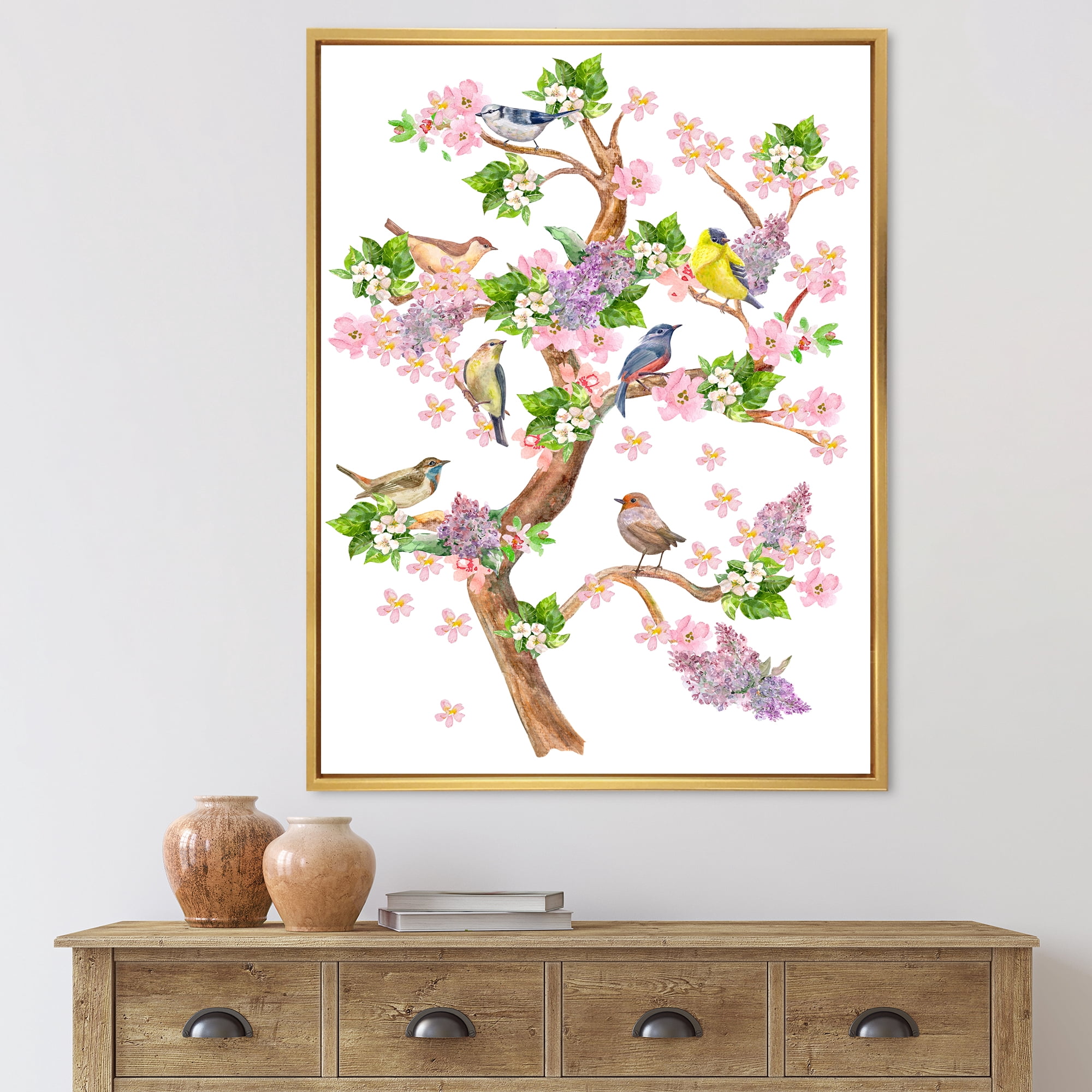 Tree With Colorful Birds Sitting On Flowering Branches 24 in x 32 in Framed Painting Canvas Art Print, by Designart