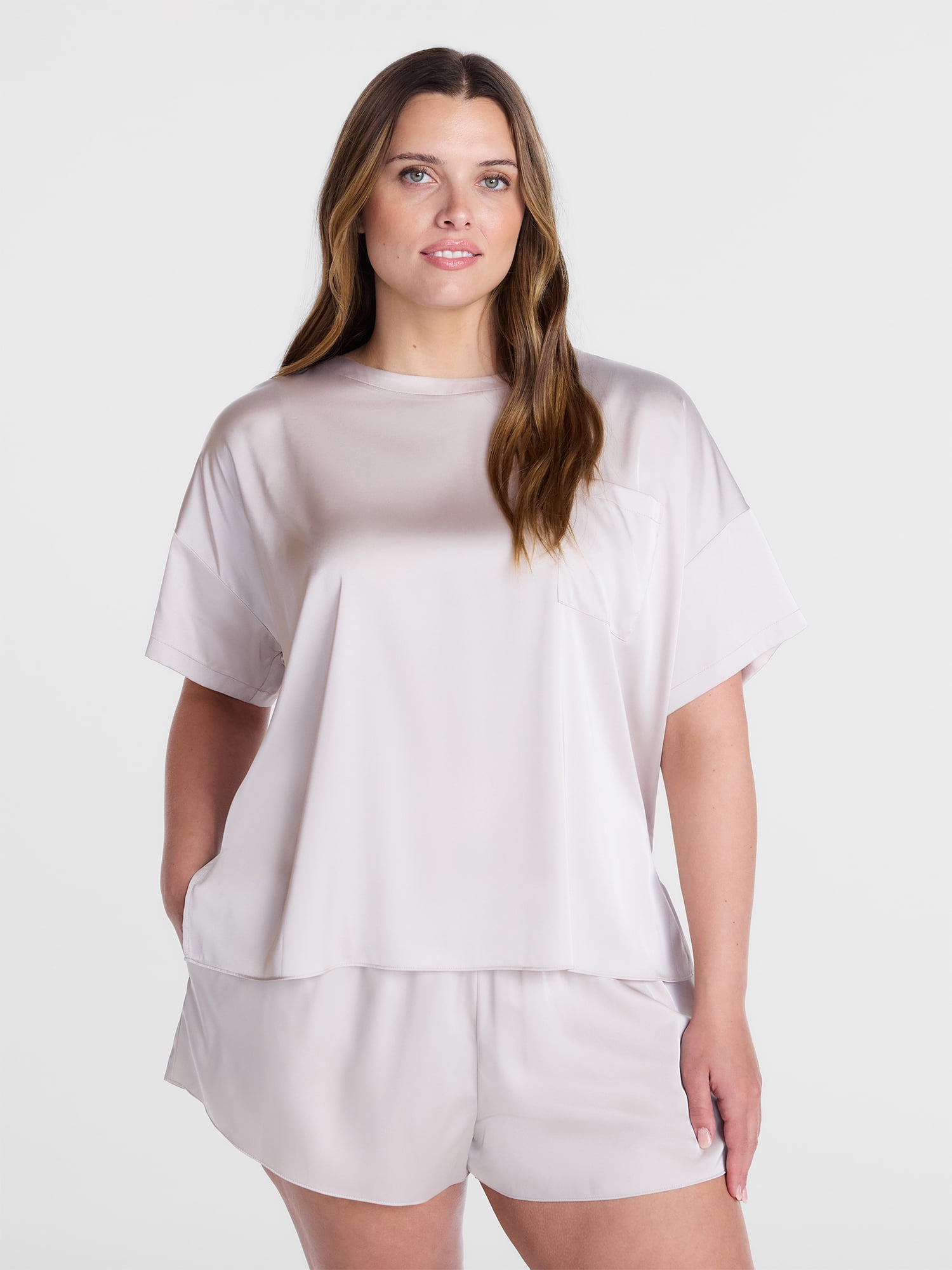 Joyspun Women’s Short Sleeve Stretch Satin Top and Shorts Pajama Set, 2-Piece, Sizes XS-3X