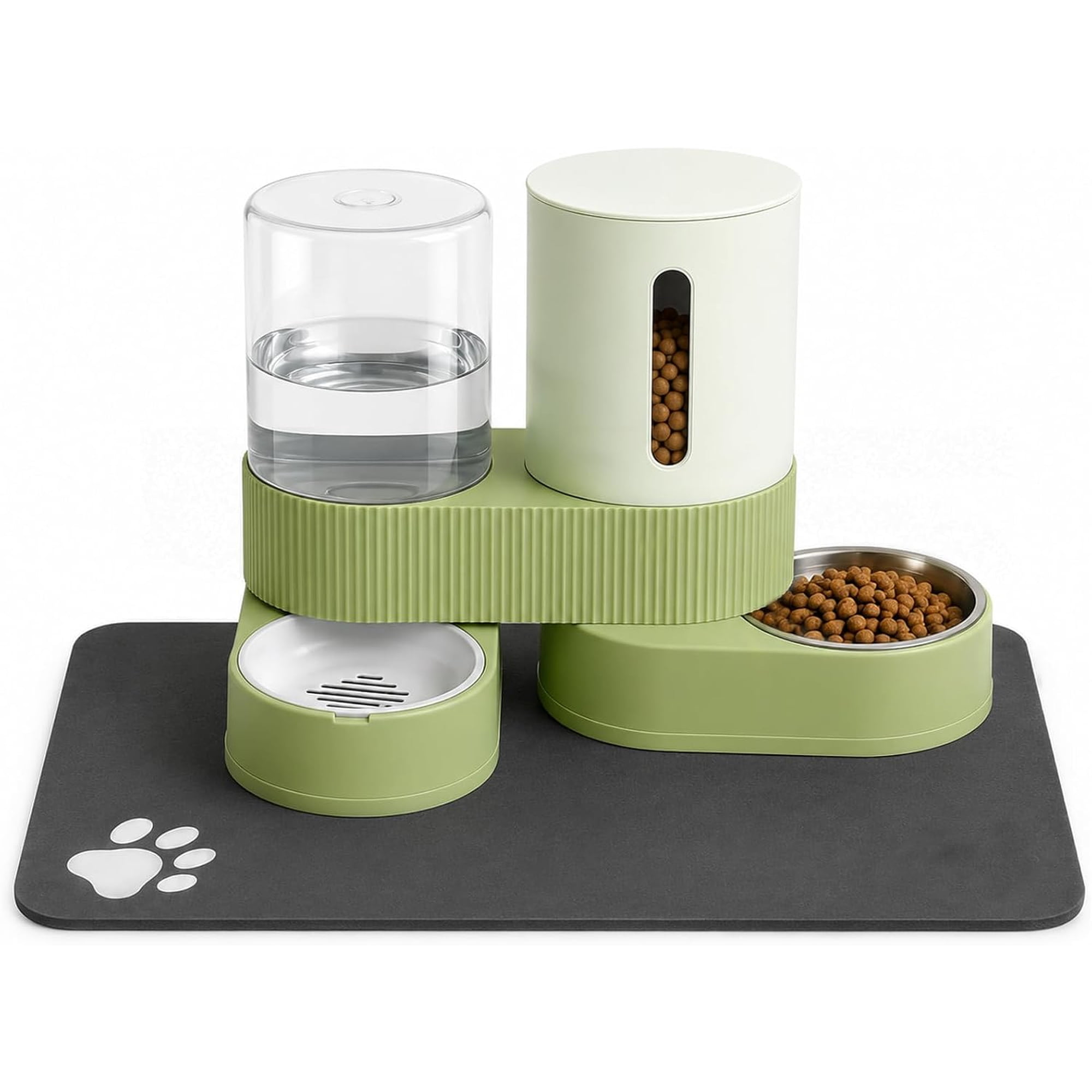 Gravity Cat Feeder 2 Pack Automatic Food Feeder and Water Dispenser Set Detachable Pet Bowl with Silicone Mat for Cats Small Medium Dogs, Large Capacity(Green)