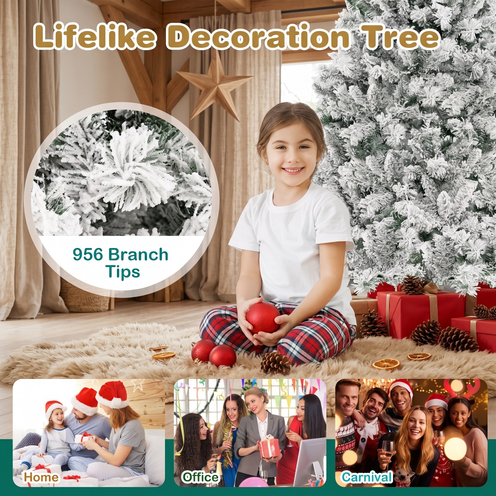 RUIE 7 FT Artificial Christmas Tree with 450 Warm White LED Lights, 3-Minute Quick Shape PVC Flocked Xmas Tree with Metal Stand for Holiday Home Office, Green & White