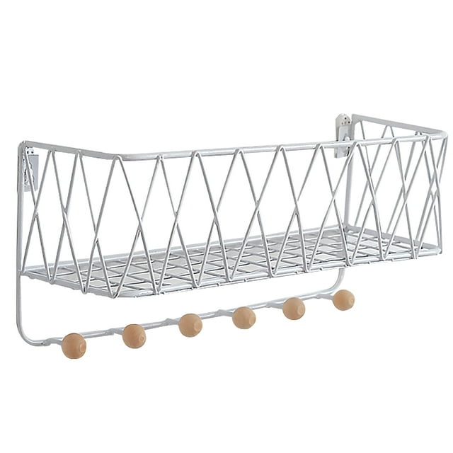 EeaseMX Estante de almacenamiento de pared con ganchos, de hierro, con repisa hueca, para el hogar, dormitorio, sala de estar, tamaño L (blanco)