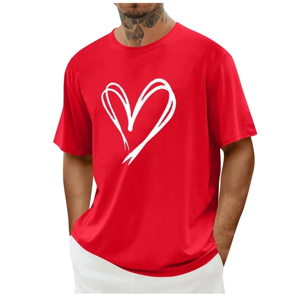 Tops para hombre, blusas y camisas de cuello redondo y manga corta para hombre. Camiseta/camisa informal de cuello redondo y manga corta con estampado de corazones para hombre. Tops de poliéster para