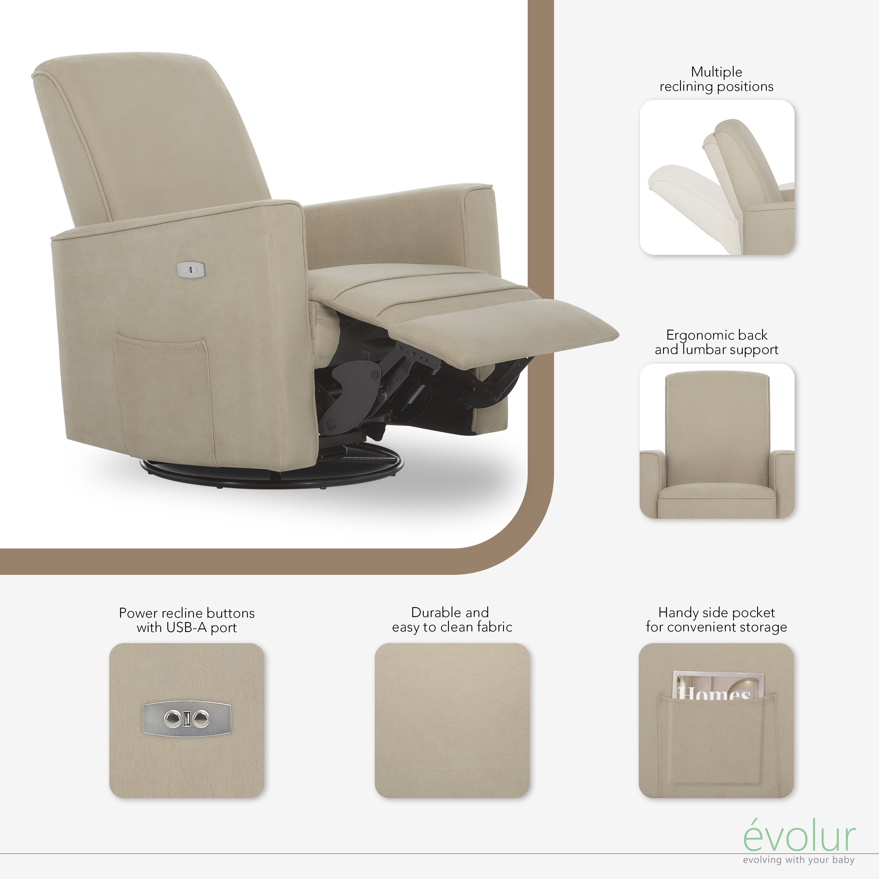 Evolur Harlow Deluxe Upholstered Plush Seating Glider Swivel, Power Recliner with USB Port, Greenguard Gold Certified, Glider Chair for Nursery, Fawn