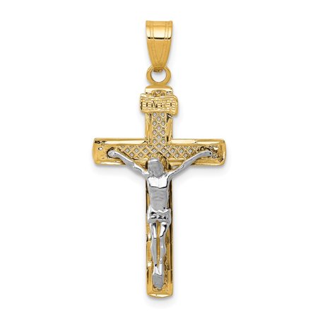 14k Real Gold Crucifix Cross Pendant Necklace for Men and Women Polished Yellow Gold Catholic Christian Religious Jewelry Latin INRI Jesus Design Spiritual Faith Charm Accessory