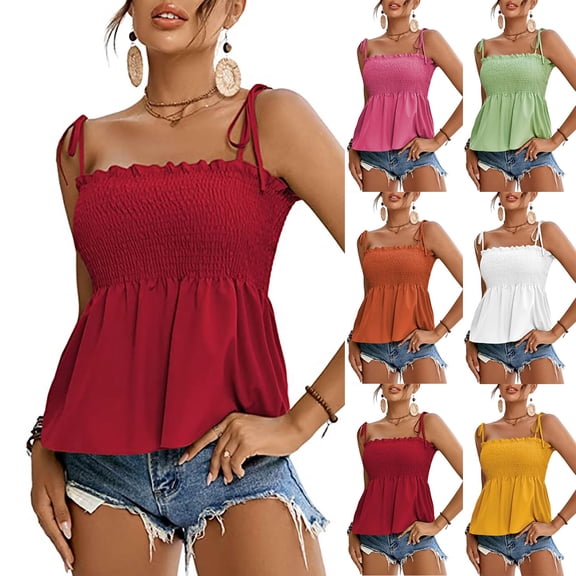 Aboser Womens Babydoll Camisoles Cute Lace Up Cami Tops Trendy Square Neck Peplum Shirts Summer Ruffles Hem Tank Top Going Out Tops