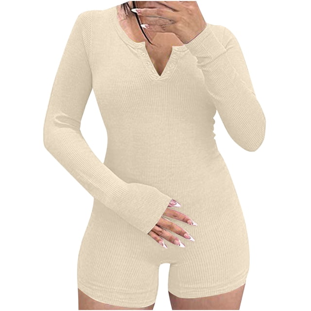 Penkiiy Combinaisons pour Femmes Combinaison Courte Décontractée à Bretelles Longues et Col en U Ajustée Beige TP