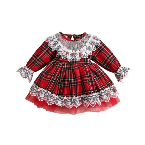 Christmas Dress Toddler Kid Girl Lace Trim Plaid Tulle Party Dress 6M 12M 18M 24M 3Y 4Y 5Y Little Girl Ruched Long Sleeve Princess Xmas Dress