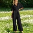 thumbnail image 7 of Npasoilc Zipper Tighten Waist V-Neck Five Button Sleeve Wide Leg Long Jumpsuits for Women Solid Color, 7 of 7