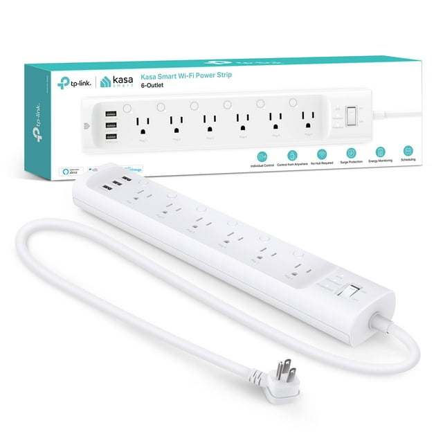 Kasa Smart Multiprise HS300, Protection contre les Surtensions avec 6 Prises Intelligentes Individuelles et 3 Ports USB, Compatible avec Alexa & Google Home, Pas de Hub Requis, Blanc