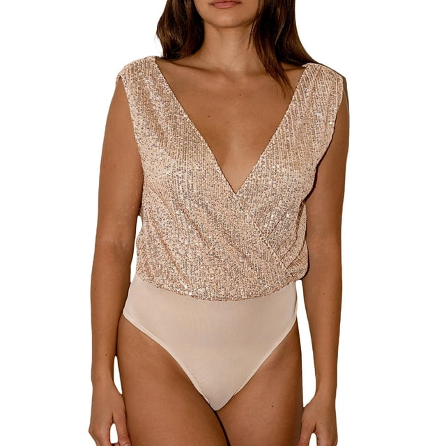 xiaxaixu Women Sequined Romper, Sleeveless Backless V Neck Solid Color Summer Street Short Jumpsuit