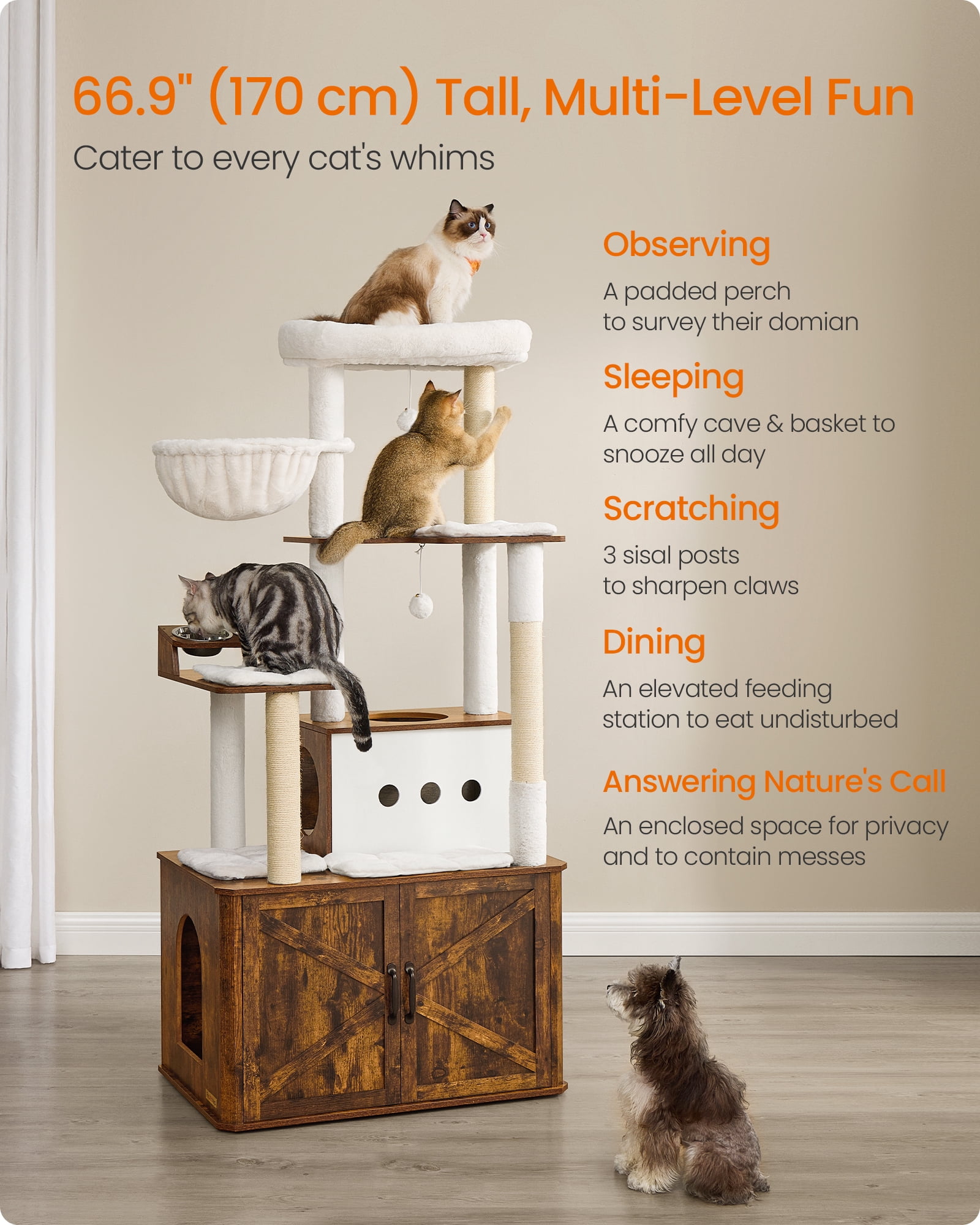 Cat Tree, 66.9-Inch Cat Tower with Litter Box Enclosure, Large Cat Condo with Scratching Posts, Food Station, Hammock, Washable Cushions, Rustic Brown