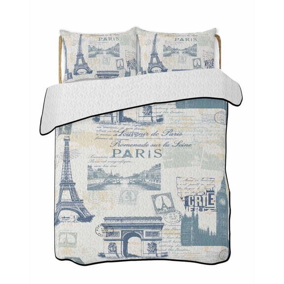 Twin XL Quilt Bedding Set, Eiffel Tower Reversible Summer Quilt 3 Pieces, European Architectural Retro Hand-Painted Lightweight Bedspreads Coverlets with 2 Pillow Shams for All Seasons