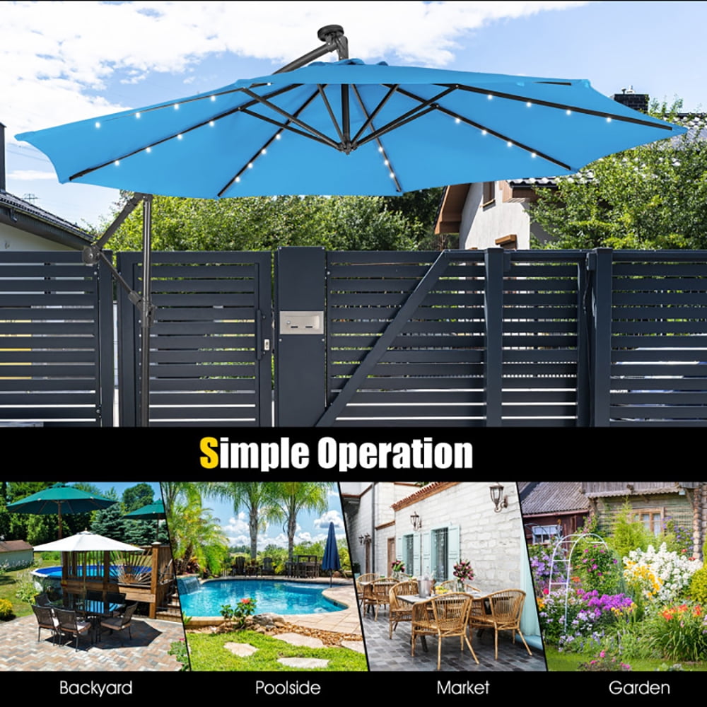 Aimee Lii 10 Feet Patio Solar Powered Cantilever Umbrella with Tilting System, Sunbrella Patio Umbrellas, Blue Aimee Lii 10 Feet Patio Solar Powered Cantilever Umbrella with Tilting System, Sunbrella Patio Umbrellas, Blue