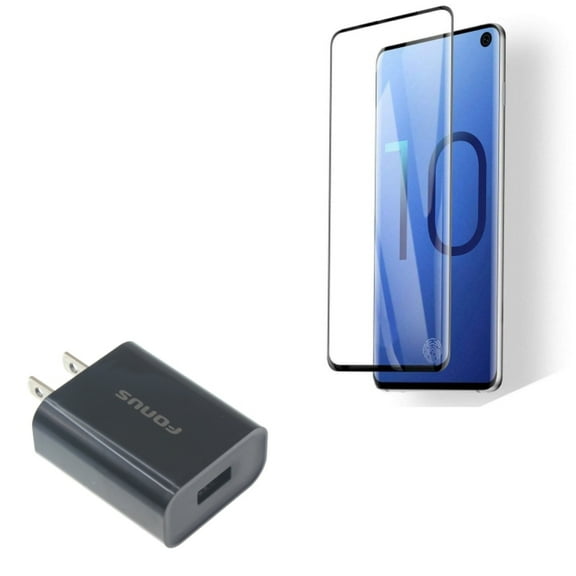 Galaxy S10  18W Quick Home Charger w Tempered Glass Screen Protector - USB Travel Wall, [Fingerprint Works] 3D Curved Edge Full Cover for Samsung Galaxy S10
