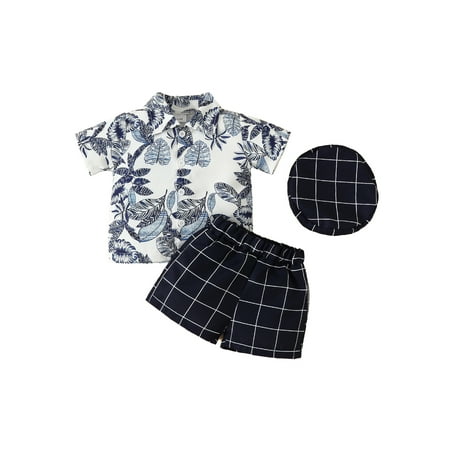 

Inevnen Baby Boys Outfits Short Sleeve Leaves Print Shirt with Plaid Shorts and Hat