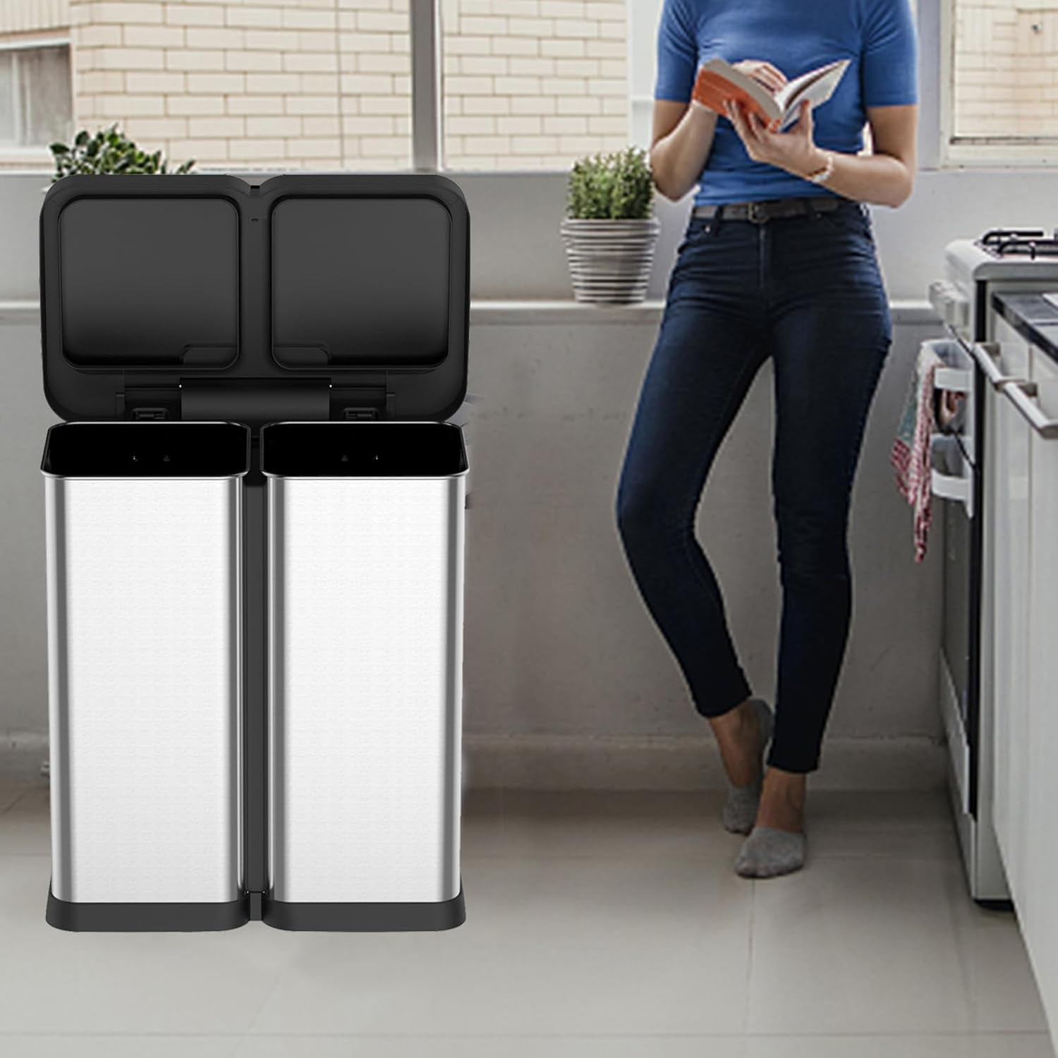 16 Gallon Automatic Trash Can, 30L+30L Stainless Steel Dual Garbage & Recycle Bin, Touchless Automatic Garbage Can, Soft Close Lid, Classified Garbage Can for Kitchen Living Room Office