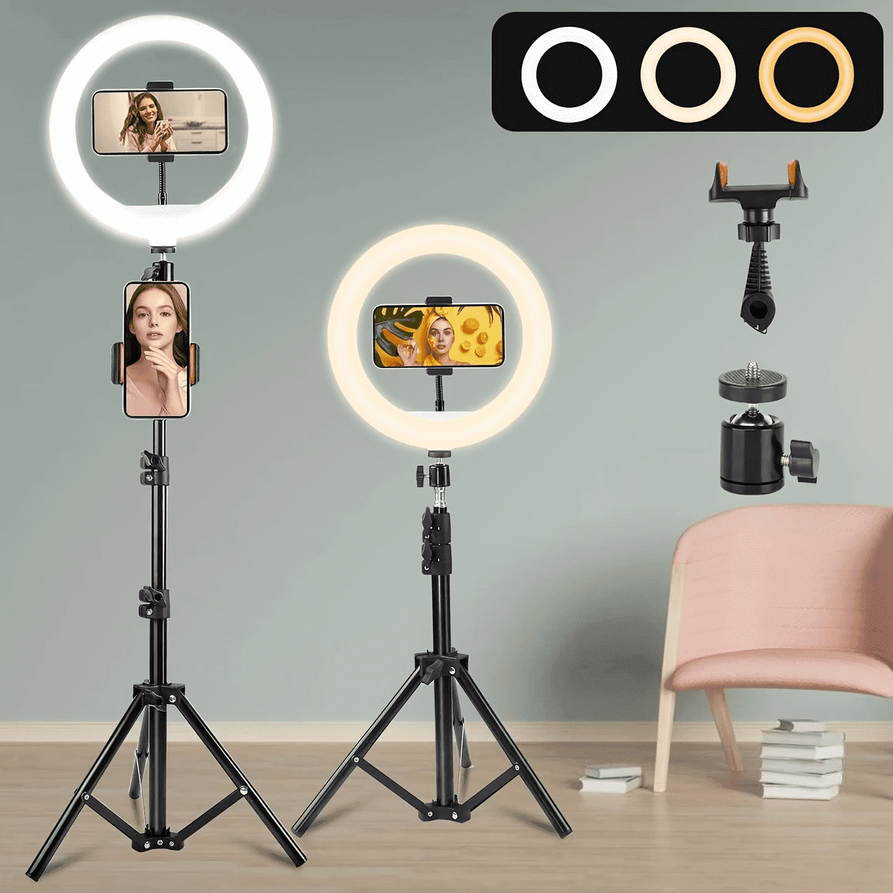 UEGOGO Pro 12" LED Ring Light Kit - 3 Lighting Modes + 43.3" Tripod for Streaming/Makeup/YouTube (With Phone Holder)