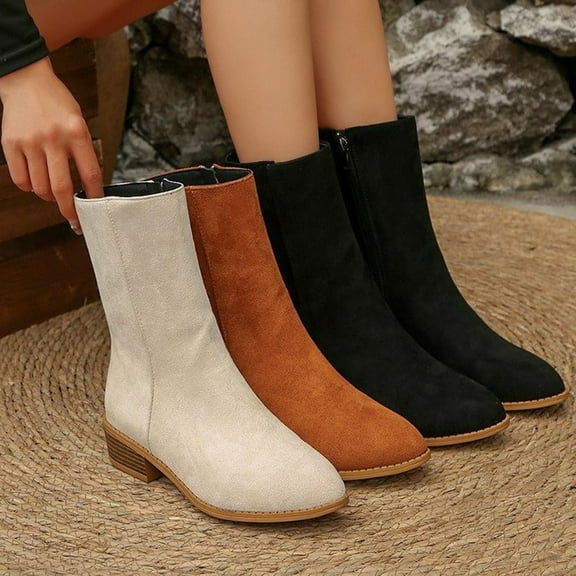 Women's Boots Round Toe Low Heel Thick Sole Mid Calf Cozy Short Boots Women's Casual Versatile Fashionable Fall Winter Trendy Short Boots
