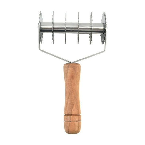 Yhmxh Cuchillo de corte de acero inoxidable con mango de madera y patrón ondulado de seis rondas, cuchillo de tira de aceite, cortador manual de rodillos, máquina cortadora de cuchillas.