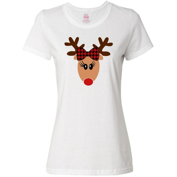 Inktastic Cute Girl Reindeer with Buffalo Plaid Bow Women's T-Shirt
