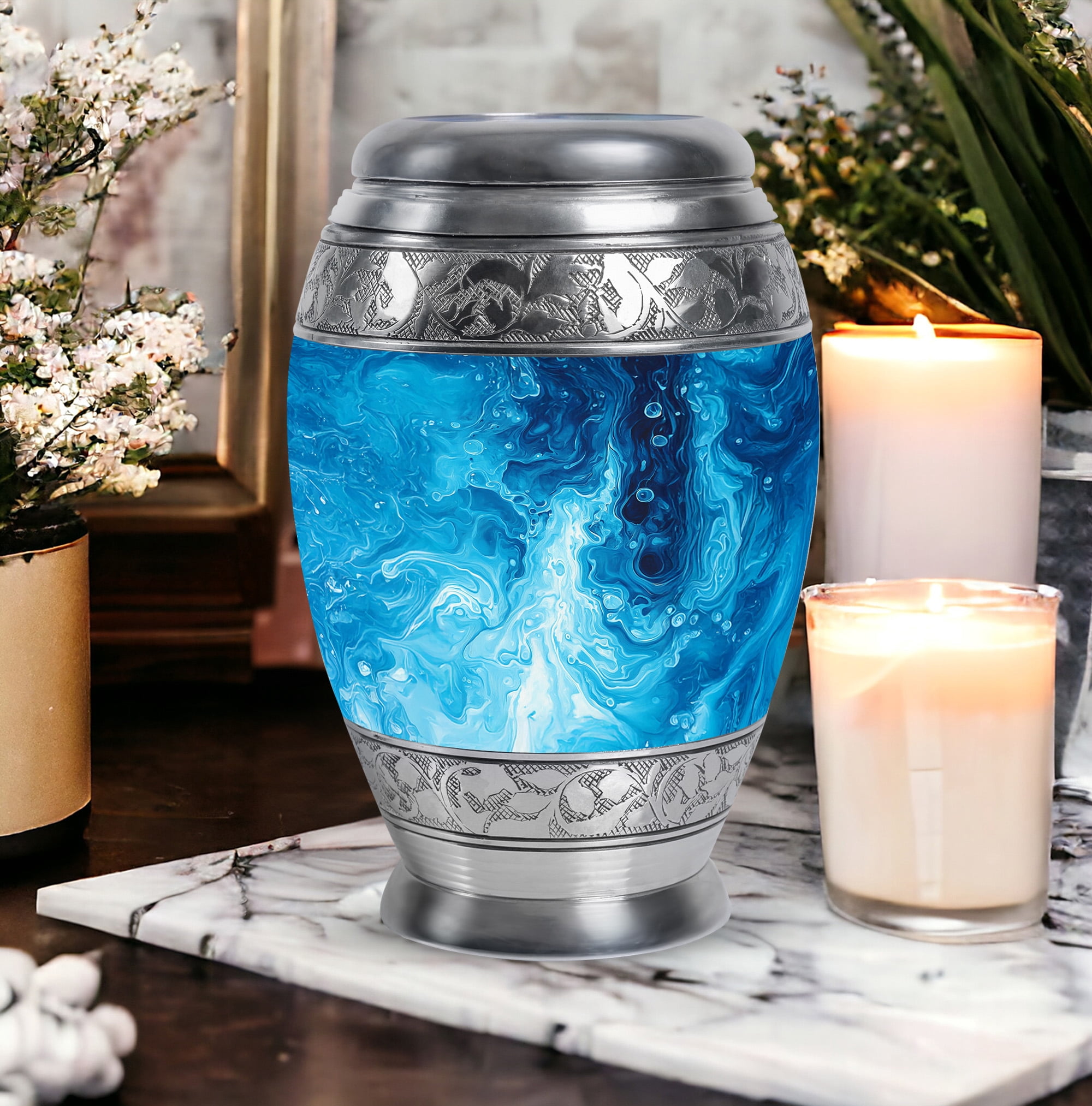 Yatskia Blue Swirl Urns For Human Ashes Adult Female & Male, Burial Urns For Adult Human Ashes, (Monar Large, 10 Inch)