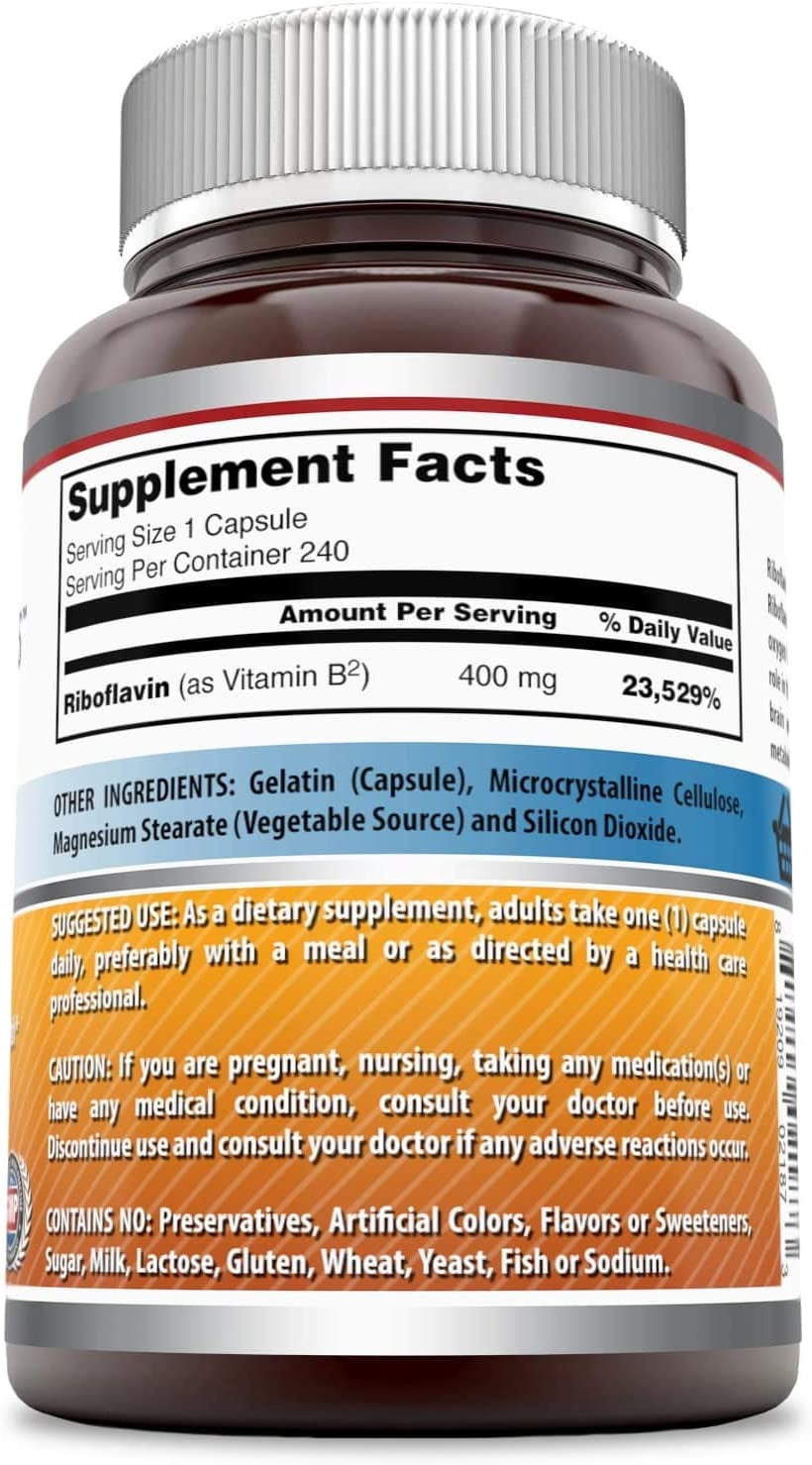 Amazing Formulas Riboflavin 400mg Per Serving 240 Capsules Dietary Supplement | Vitamin B2 Supplement | Non-GMO | Gluten Free