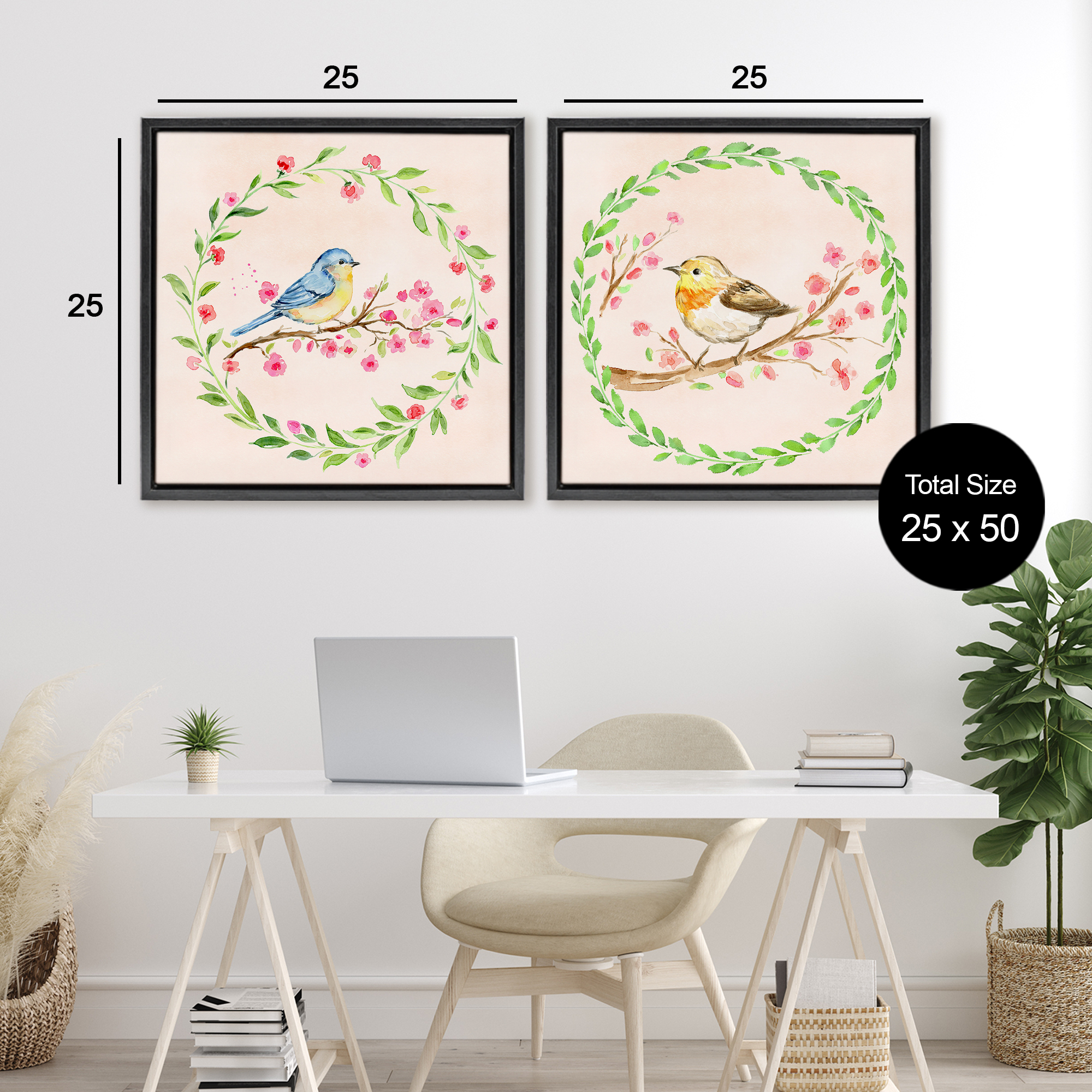 Spring Branches & Wreath Birds 2 Piece Black Framed Floater Canvas Set, design by Elena Fay