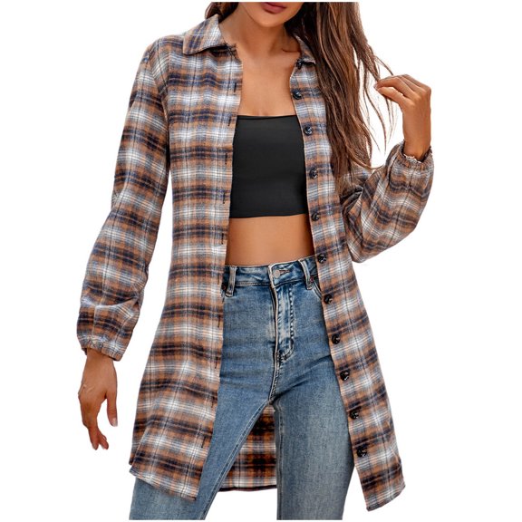 up to 60% off Gifts Usmixi Shirts Jackets for Women Shirt Coats for Women Fall Winter Long Sleeve Lightweight Mid Length Coats Button Down Lapel Classic Plaid Print Jacket with Pocket Clearance