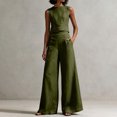 thumbnail image 5 of Szluipve 2 Piece Sets for Women Contrast Stitch 2 Piece Outfits Sleeveless Round Neck Crop Tank Top & High Waist Wide Leg Long Pants Elegant Casual Matching Set with Pockets Army Green XL, 5 of 9