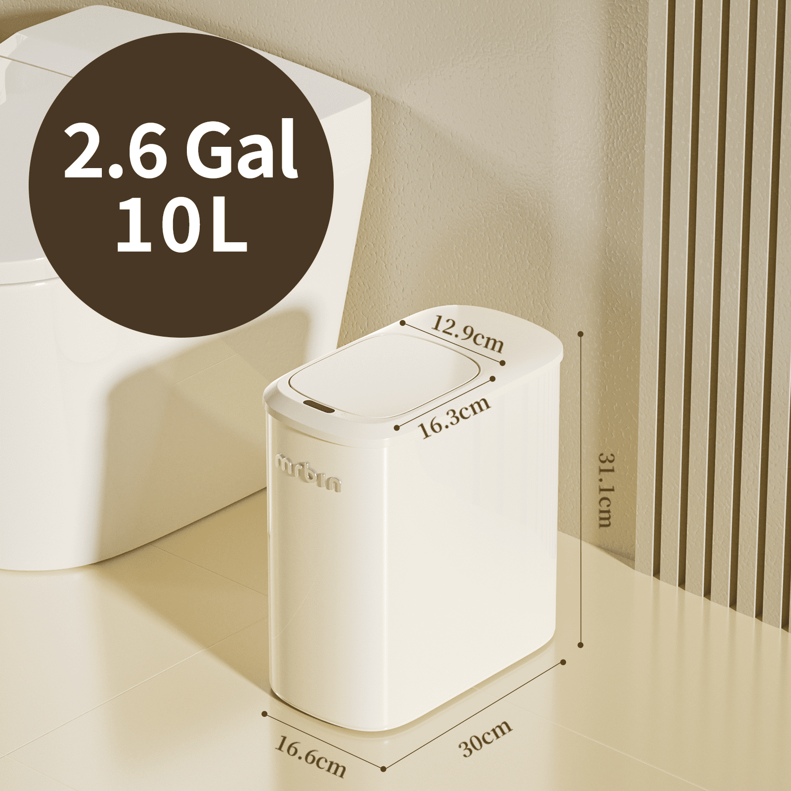 Mrbin Motion Sensor Bathroom Metal Trash Can with Lid and Wheels, 10L/2.6gal Automatic Removable Slim Electric Narrow Waste Basket for Near Desk Office, Bedroom, Kitchen, Rv, White