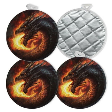 

4 PCS Pot Holders for Kitchen Potholders Sets with Hook for Oven Cooking Baking Round Logo Depicting Dragon Breathing Fire