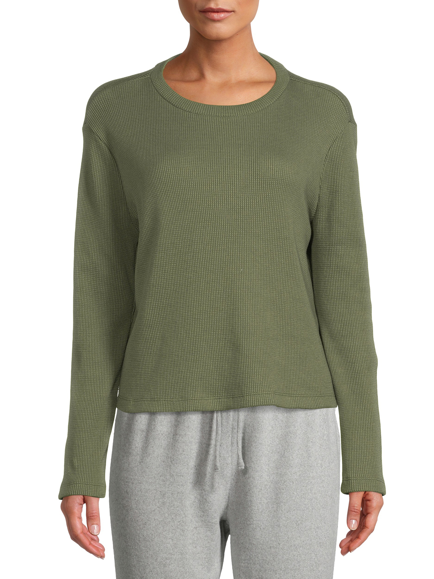 Time and Tru Women's Cropped Waffle Top with Long Sleeves