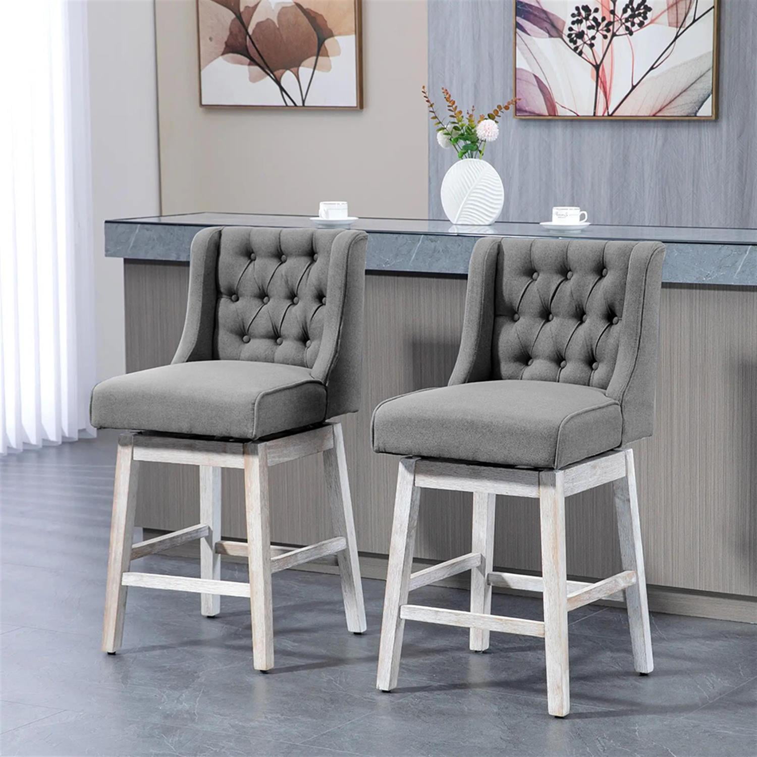 Demi Bonn 180 Degree Swivel Bar Stool Set of 2, Modern Cushioned Bar 27" Seat Height Stool with Linen Upholstery, Button Tufted Back and Solid Wood Legs, Gray