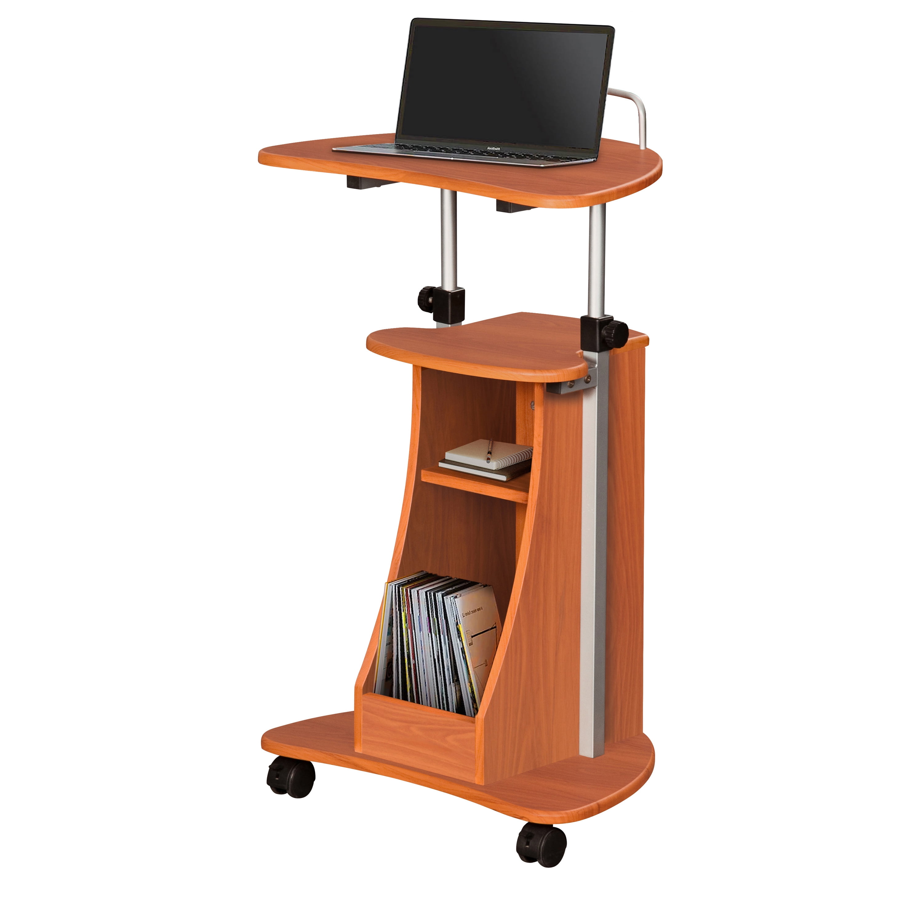 Sit-to-Stand Rolling Adjustable Height Laptop Cart with Storage Accessory Shelf, 28-43in Height Lockable Casters Moisture Resistant MDF Mobile Workstation