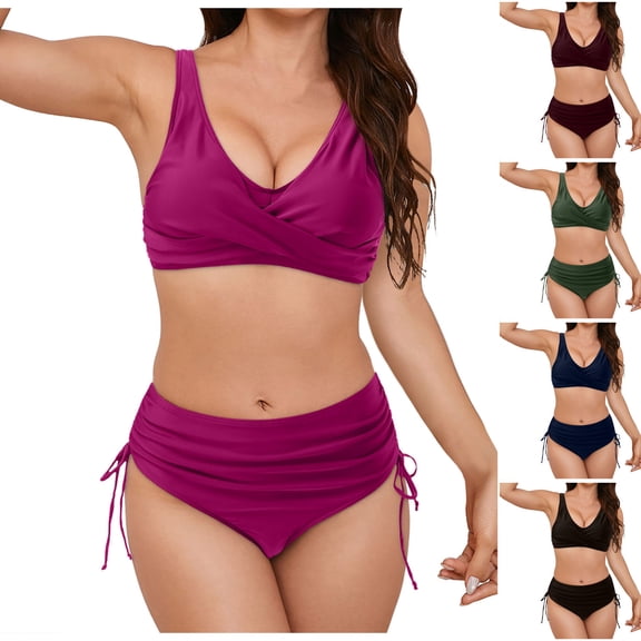 COMVALUE Women's High Waisted Bikini Set Tummy Control 2 Piece Swimsuit for Women Push Up Twist Front Bathing Suit 2026 (Wine, XL)