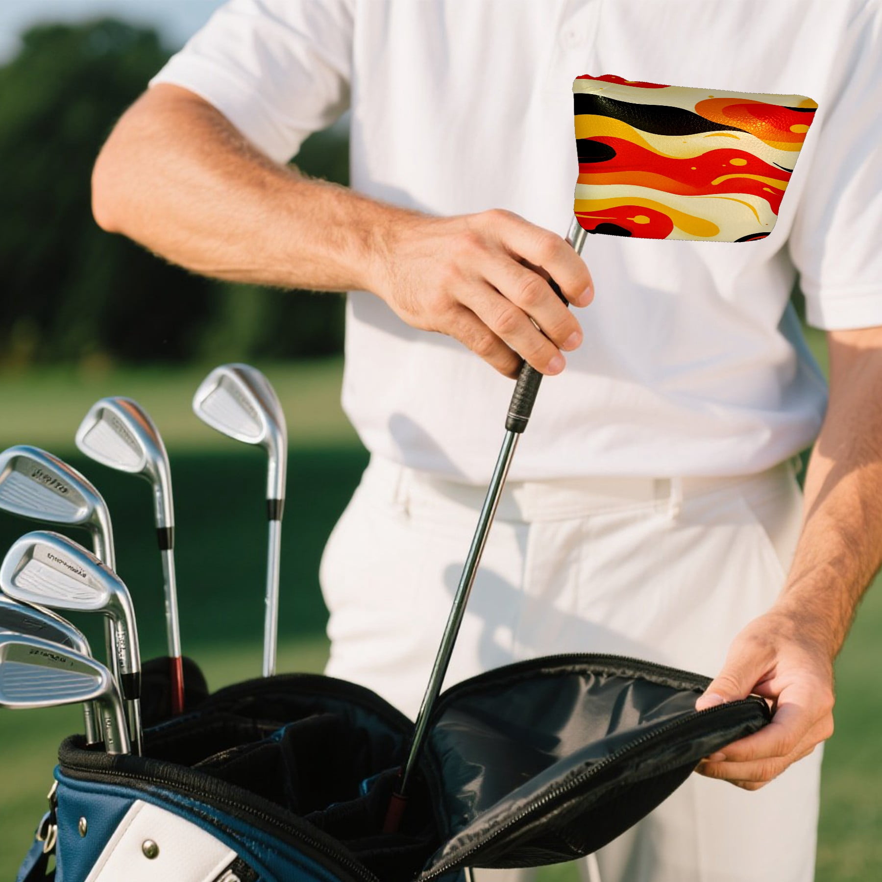 Golf Mallet Putter Cover Premium Leather Waterproof Golf Putter Head Cover with Magnetic Closure Red And Yellow Abstract Pattern