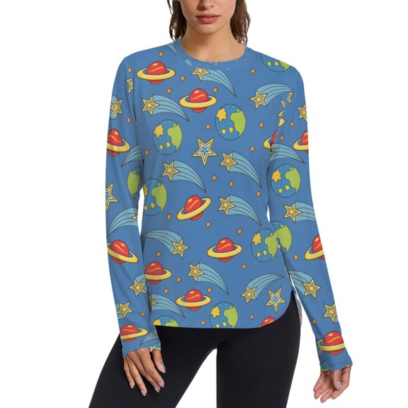 FORMRS Womens Long Sleeve Shirts UPF 50 Sun Protection Quick Dry Fishing Hiking Tops, Size S-2XL, Blue Cartoon Galaxy