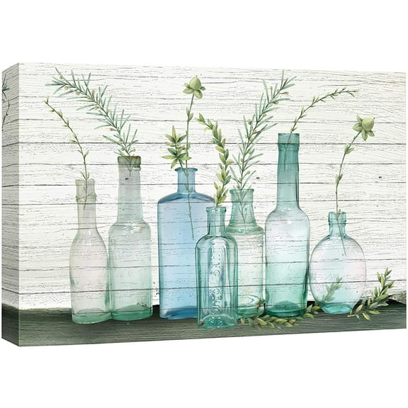 wall26 Canvas Print Wall Art Wood Block Green Forest Leaves in Blue Glass Bottles Floral Nature Watercolor Minimalism Rustic Scenic Colorful Pastel for Living Room, Bedroom, Office - 16"x24"
