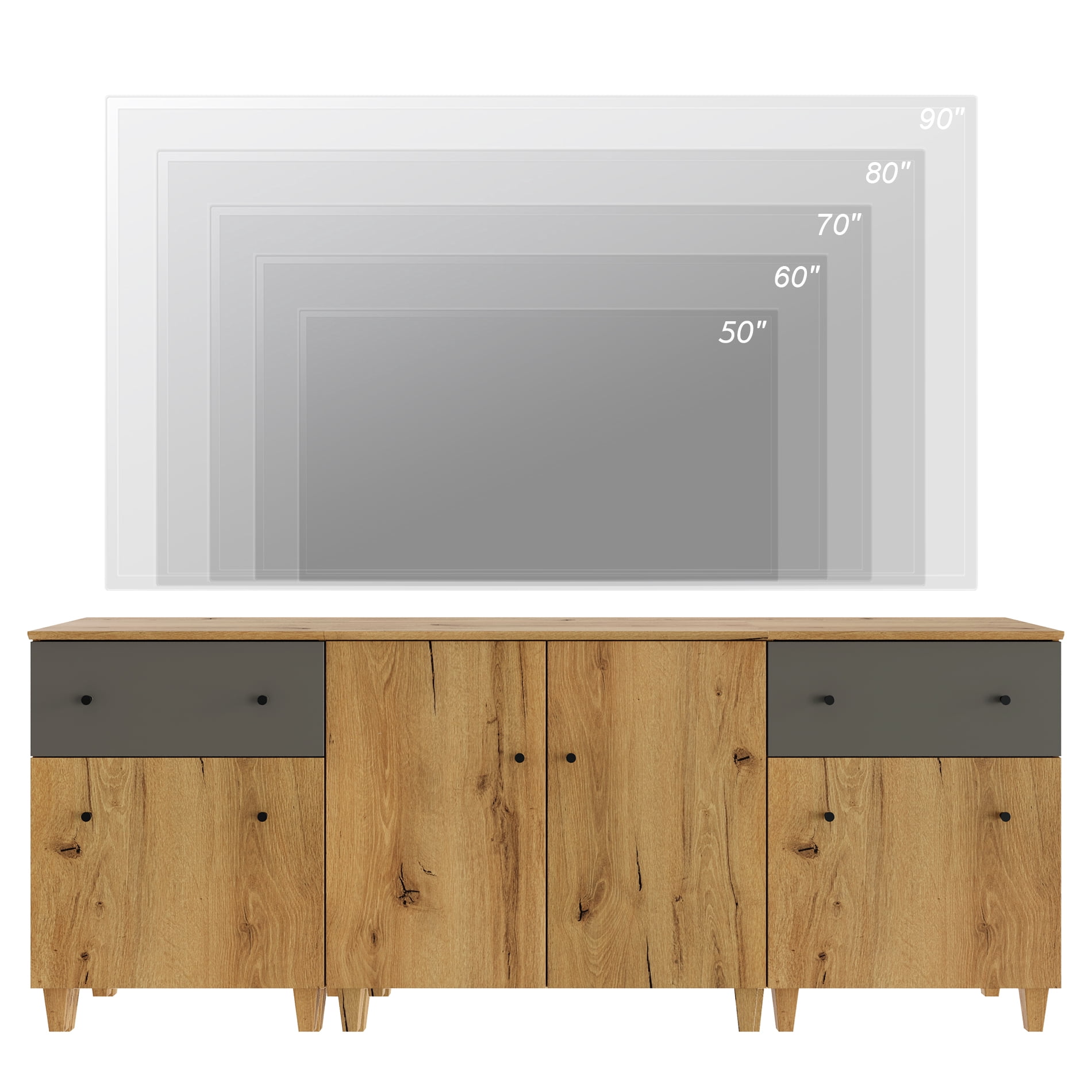 WAMPAT TV Stand for 85+ Inches TVs, 3-in-1 Modern Wooden Media Console with 2 Spacious Drawers and 3 Storage Cabinets for Living Room, Oak Brown