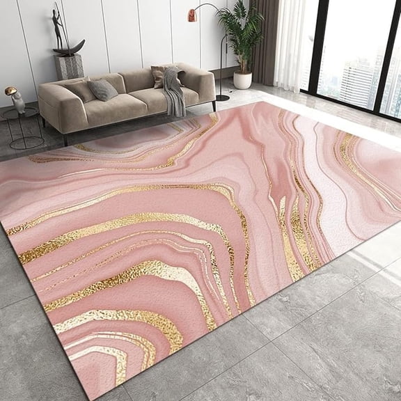 Abstract Pink Gold Geometry Girls Room Rug, Nordic Light Luxury Pink Marble Area Carpet, Non Slip Backing Washable Durable Throw Rugs For Living Room Entryway Office Nursery 1x2ft