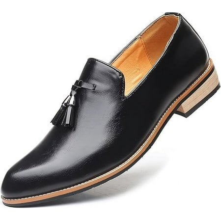 Men s Leather Slip On Tassel Loafers Classic Casual Non-Slip Low Heel Dress Shoes Formal Business Work Wedding Penny Loafers