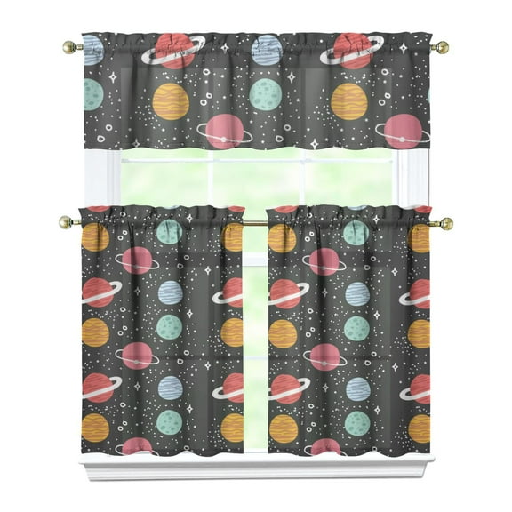 3 Piece Galaxy Kitchen Curtains - Cute Celestial Star Constellation Design, Semi-Sheer Short Curtains for Small Windows