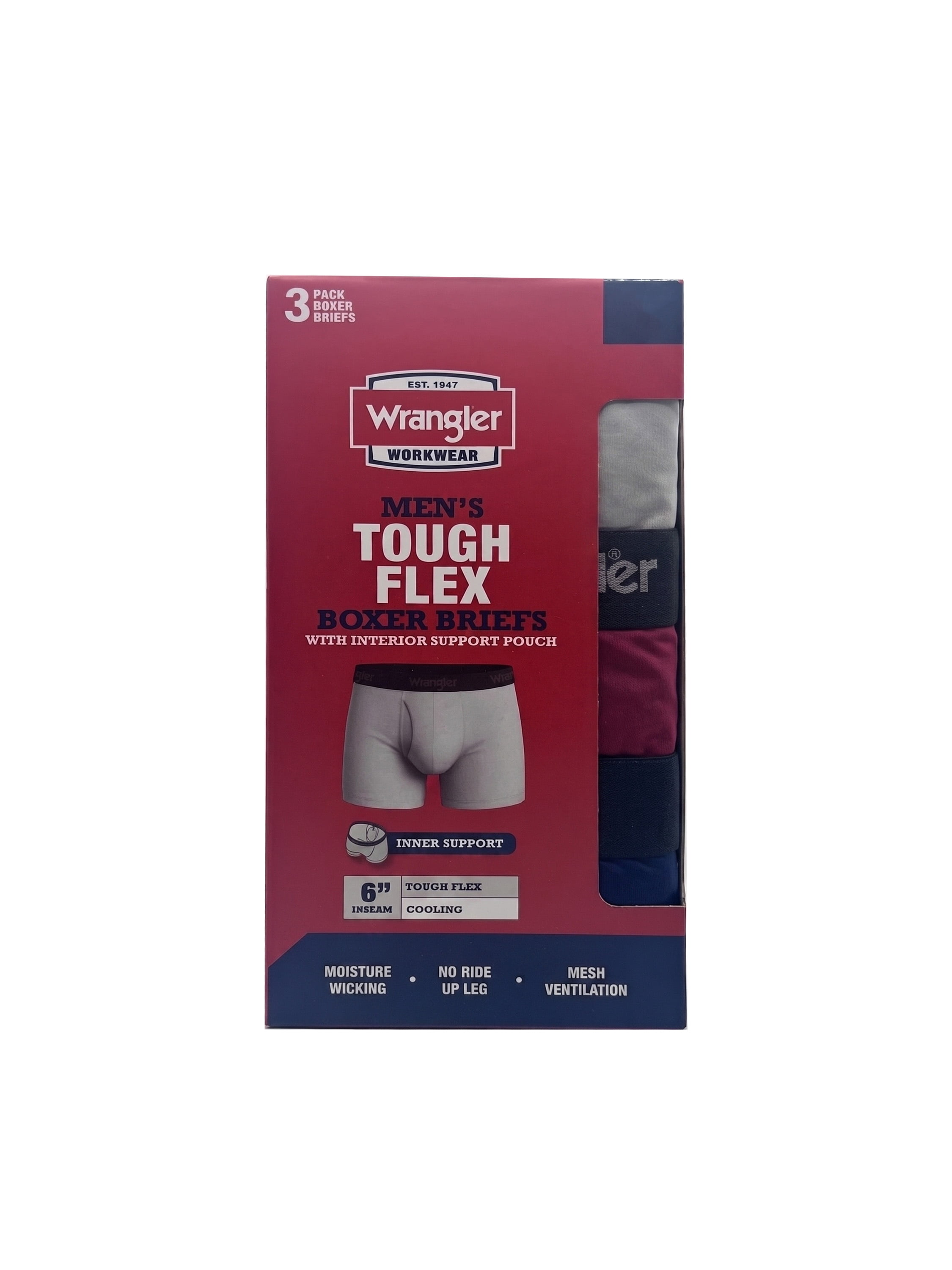 Wrangler Cool Carpenter 6" Boxer Briefs Men's Underwear, XL, Light Gray/Tibetan Red/Naval Academy, 3-Pack