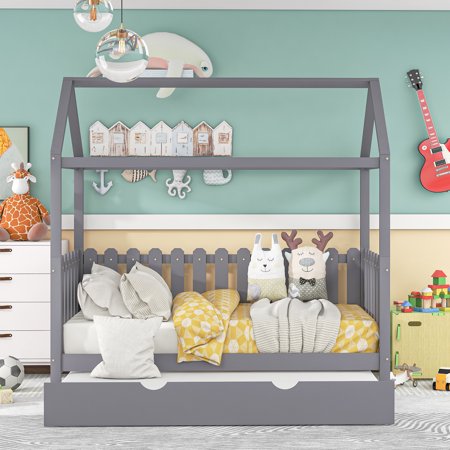 Twin Size House Bed with Trundle  Fence-shaped Guardrail for Toddlers Kids Girls Boys  Bedroom Furniture  No Box Spring Needed  Gray(New)