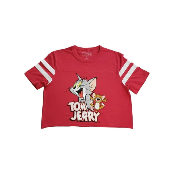 Junior Womens Tom And Jerry Cat Mouse Red Crop T-Shirt Shirt Top Large