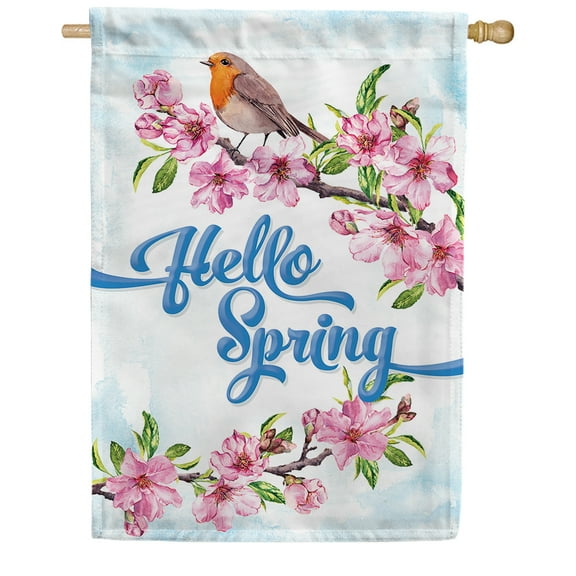 America Forever Hello Spring Tweet House Flag, 28 x 40 inch Double Sided, Seasonal Banner, Robin Cherry Blossoms Flowers Outdoor Decor, Garden Yard Flag
