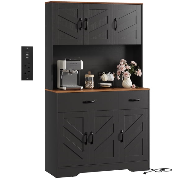 Sunvasagoo 71" Pantry Cabinet with Charging Station, Farmhouse Kitchen Hutch with Drawers & Adjustable Shelves, Black/White