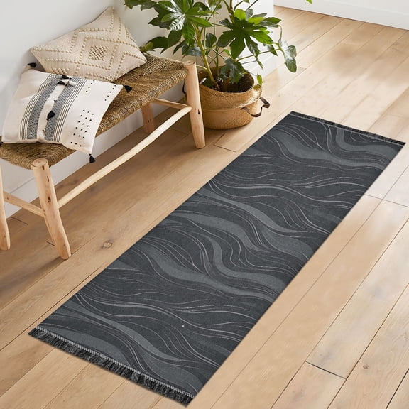 Ryvnso Gray Wave Lines Bedroom Runner Rug 2'x6' Hallway Area Carpet Non Slip Entryway Mat with Tassels